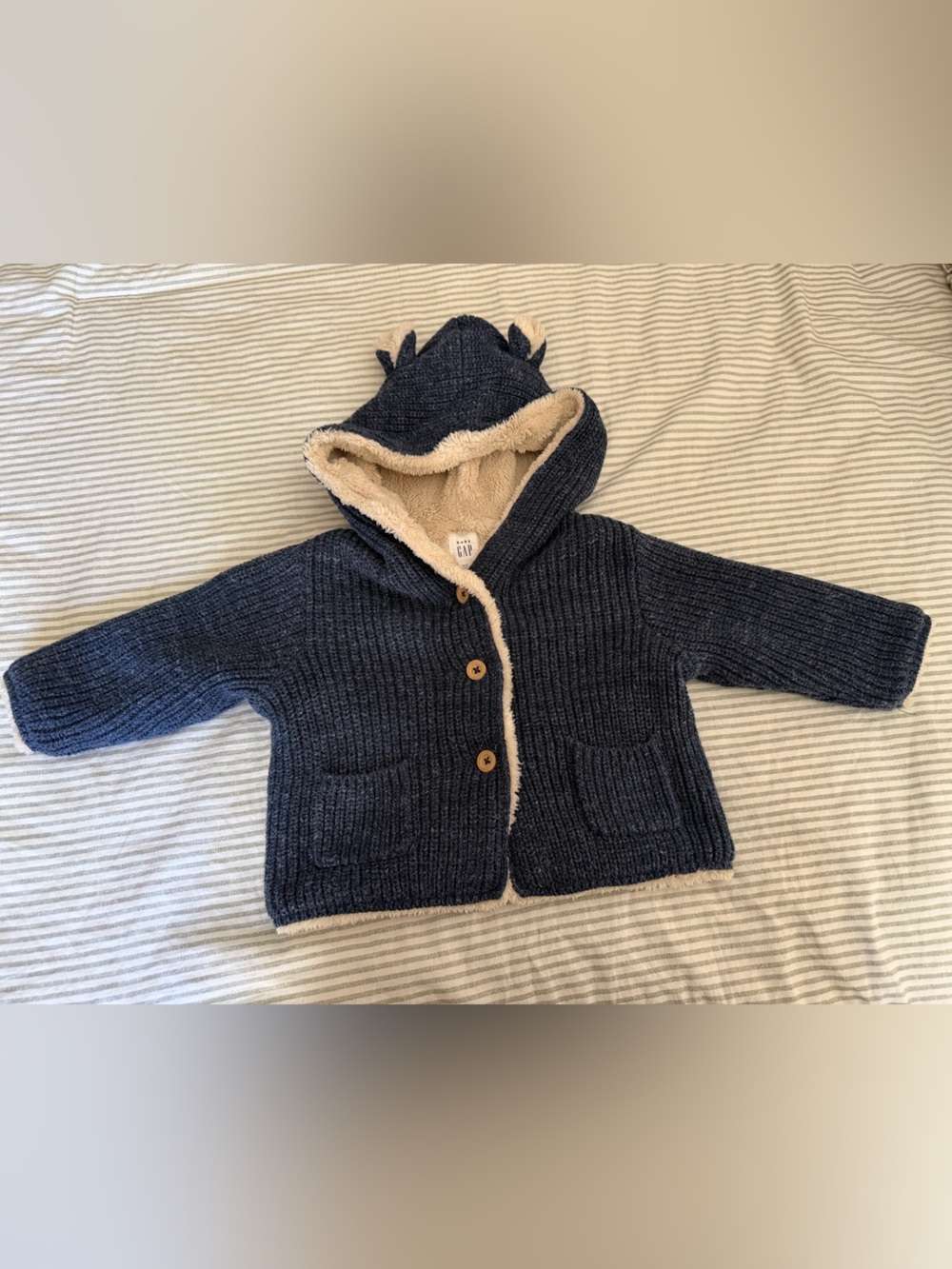 GAP Navy Knit Baby Hoodie with Cream Sherpa